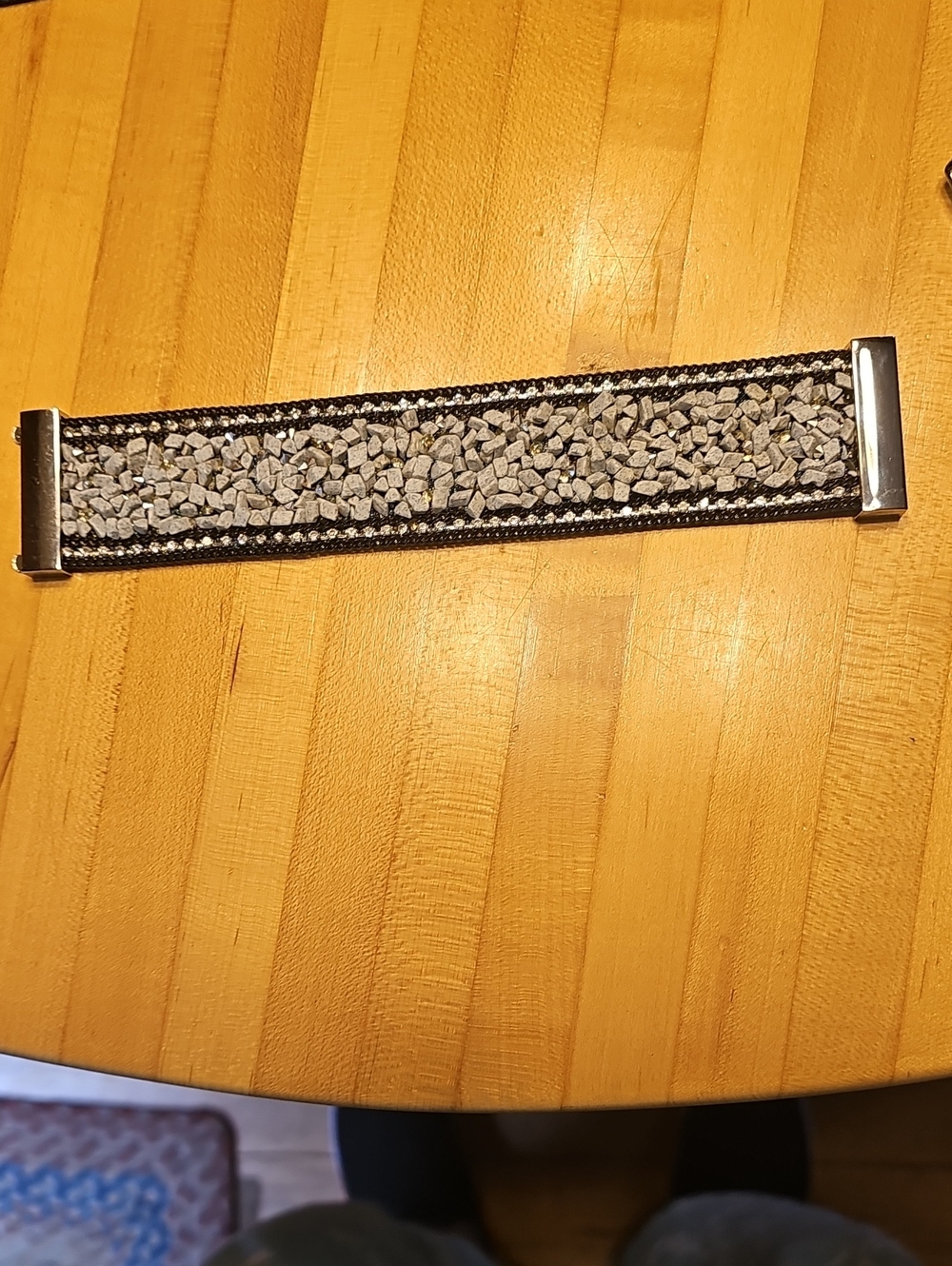 Boutique Gray Granite Stone Chip & Rhinestone Magnetic Cuff Bracelet 7.5"